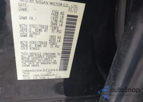 2012 Nissan Titan Sv z USA, uszkodzony, nr VIN 1N6BA0EC5CN321044